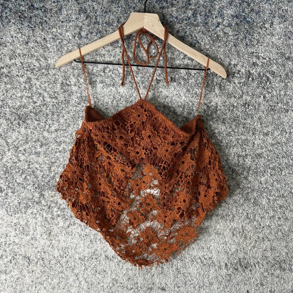 Free People Top Womens Small Rust Brown Crochet Lace Halter Crop Festival Boho - Picture 1 of 8
